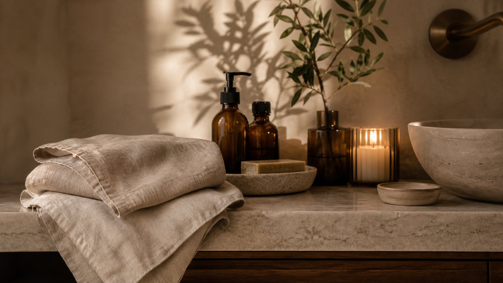 Linen bath towels and robe in a serene bathroom
