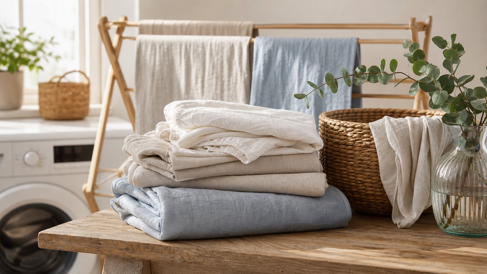 Natural linen bedding in a bright lived-in bedroom