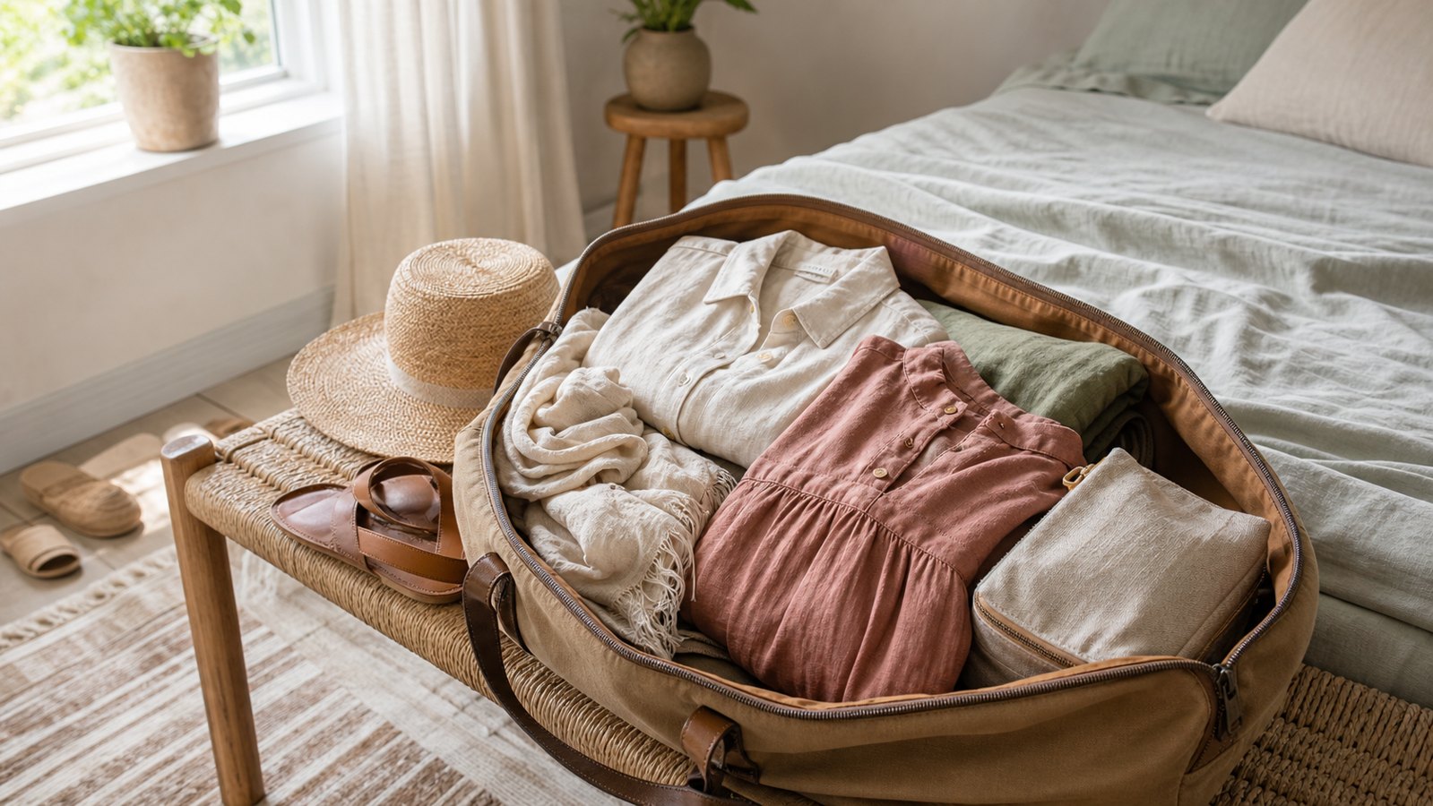 Linen clothing arranged for a capsule wardrobe