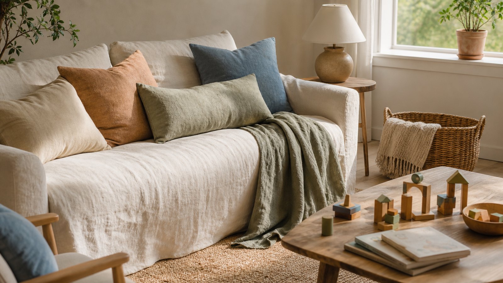 Soft linen textiles in a calm family home