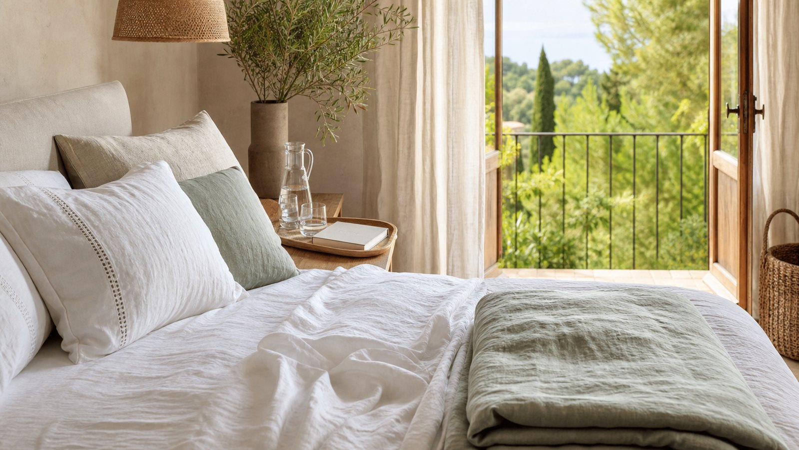 Lightweight linen bedding in a breezy summer bedroom
