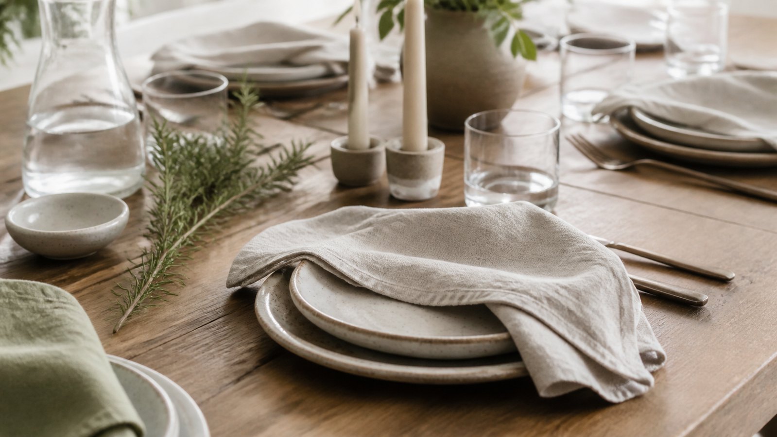 Linen tablecloth and napkins on a relaxed dining table