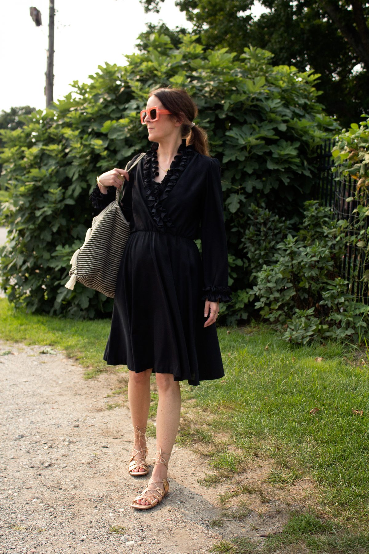A Ruffle Black Dress on the South Fork of Long Island on a Lovely Summer Day.